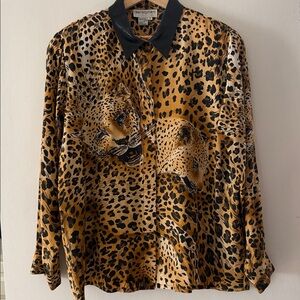 VINTAGE Bloomingdale’s Silk Leather Cheetah Button Down Shirt